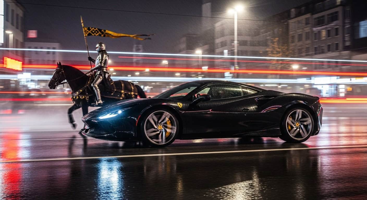Ferrari F8 Tributo in Nero Daytona at night in Munich