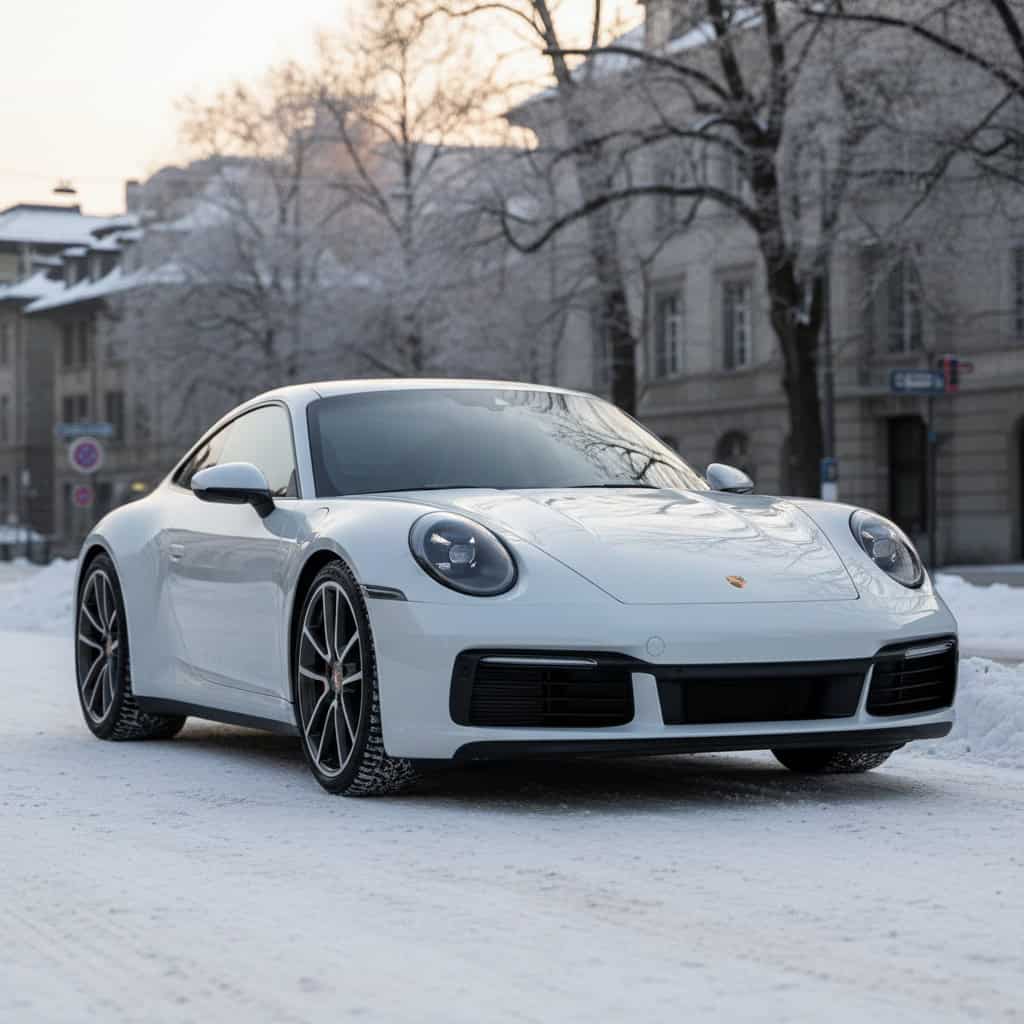 Porsche auf schneebedeckter Fahrbahn