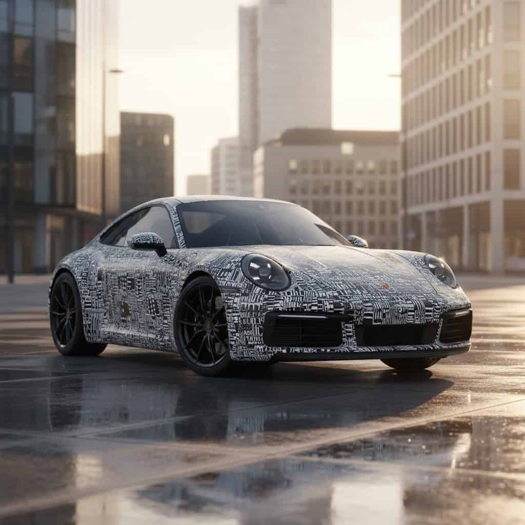 Erlkönig mit hochkontrastiger Tarnfolie auf der Straße