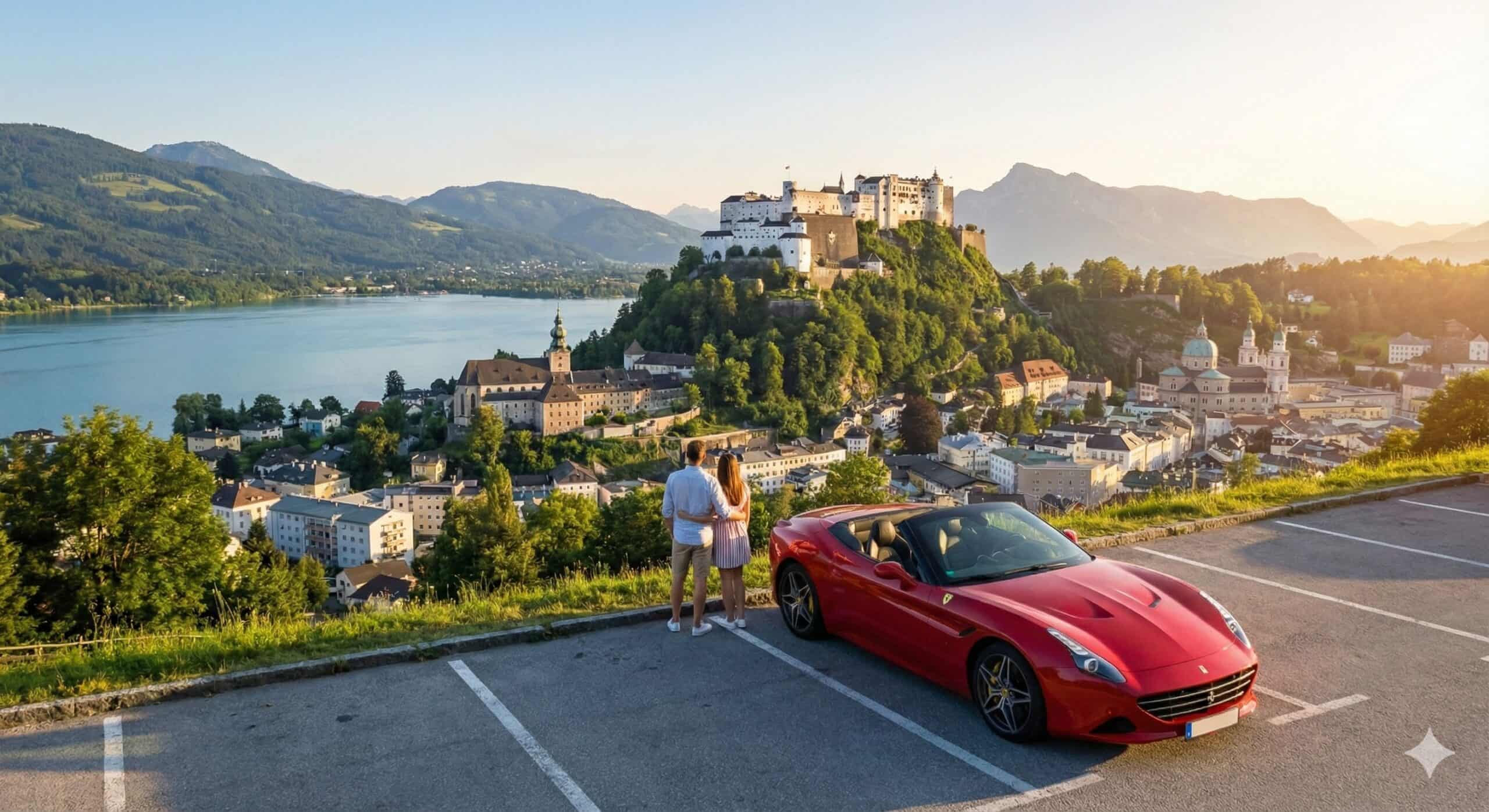 Austria road trip with a red car